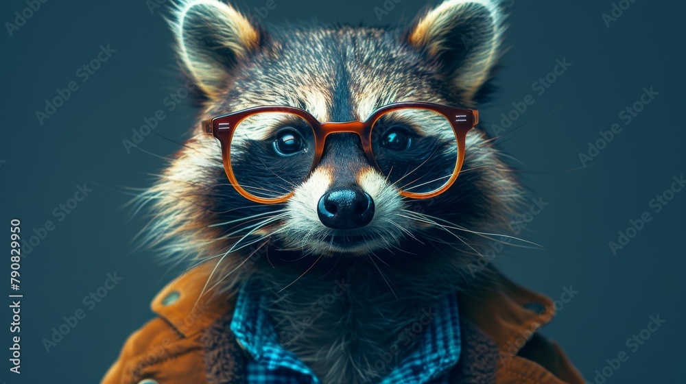 A raccoon wearing glasses and a brown jacket