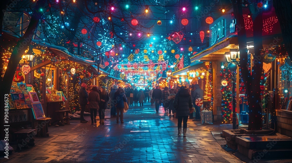 Twinkling Lights and Cheerful Crowds at the Festive Market, generative ai