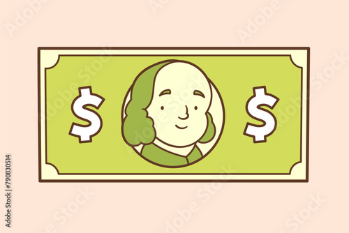 Cute kawaii dollar bill with Benjamin Franklin vector cartoon illustration (ID: 790830514)