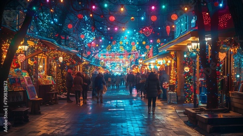 Twinkling Lights and Cheerful Crowds at the Festive Market, generative ai © Matus