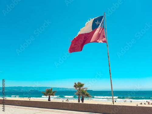 Bandeira do Chile sob céu azul em dia ensolarado em Viña del Mar, Chile