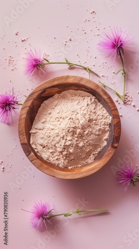 Burdock extract flour flower organic natural ingredient on wooden bowl story background