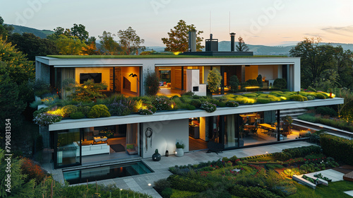 A smart urban home with automated features, sleek lines, and a green roof for energy efficiency, © AI ARTISTRY