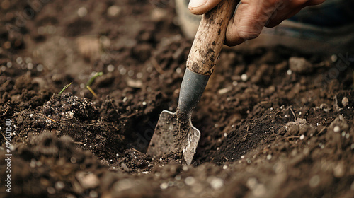 A close-up of a hand-held dibber making neat holes in the soil for planting, the earthy scent of freshly turned earth filling the air.