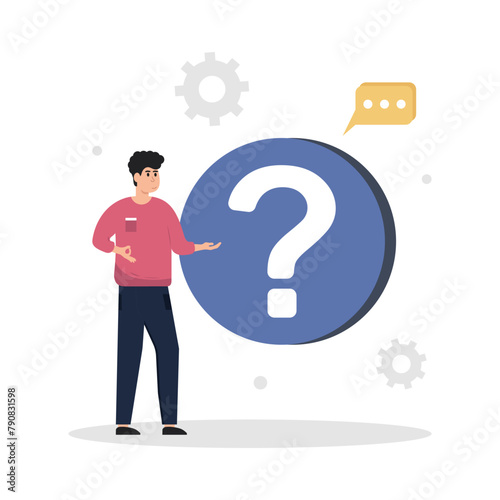 Frequently asked questions concept. The characters stand near an exclamation point and a question mark, ask questions and receive answers. People with disabilities. Vector illustrations.