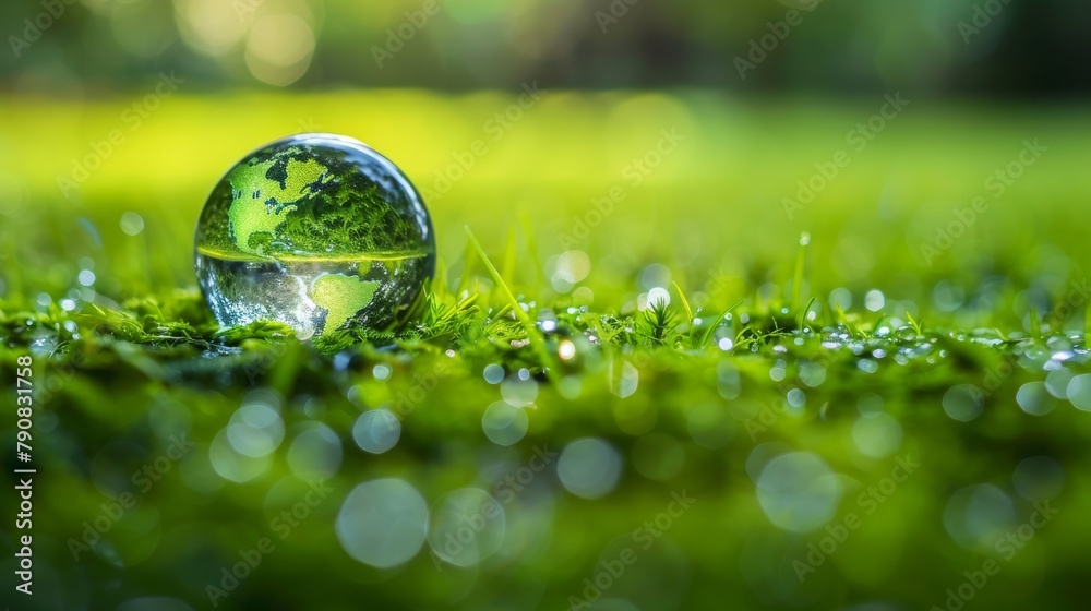 A crystal ball sits on the grass, reflecting the world within.