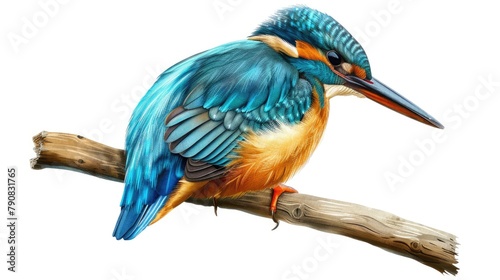 Common Kingfisher perched on wooden stick with detailed blue feathers on white background