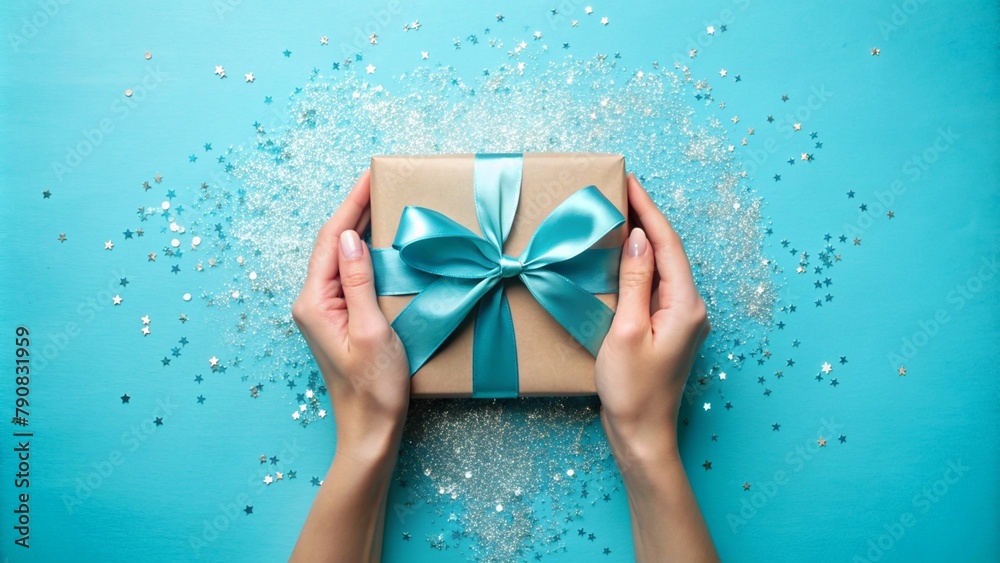 First person top view photo of hands unpacking craft paper gift box with blue satin ribbon bow over shiny sequins on isolated pastel blue background with blank space First person top view photo of hands unpacking craft paper gift box with blue satin ribbon bow over shiny sequins on isolated pastel blue background with blank space