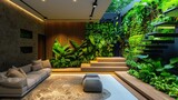 Living room with green wall and plants