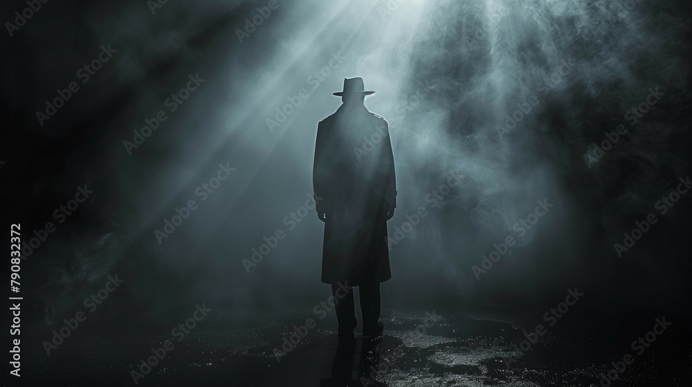 Obraz premium Noir Inspired Detective Silhouette in Spotlight, generative ai