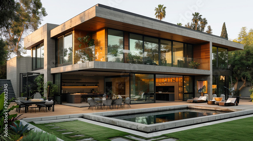 An innovative blend of concrete, wood, and glass elements creating a contemporary look.