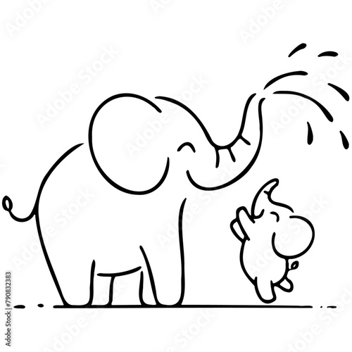 doodle of mom and baby elephant, Mom elephant and baby elephant spraying water on each other playfully