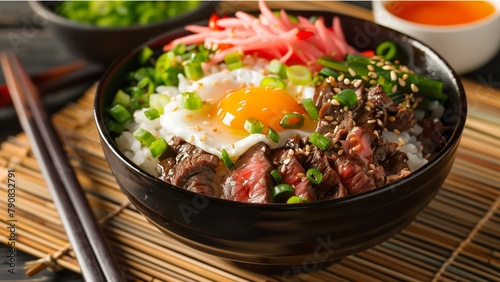 a bowl of Asian cuisine, a Japanese donburi dish, featuring steamed rice topped with succulent slices of beef, an egg with a runny yolk, chopped green onions, and garnished with pickled red ginger