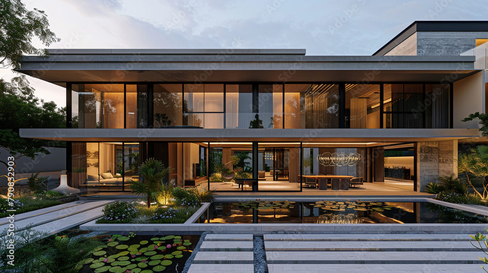 A contemporary urban villa with a striking faÃ§ade, floor-to-ceiling windows, and a landscaped courtyard with water features,