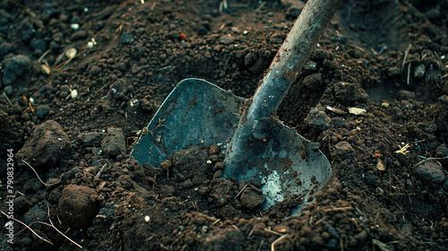 A close-up of a well-used spade plunged into rich, dark soil, ready for another day's work.