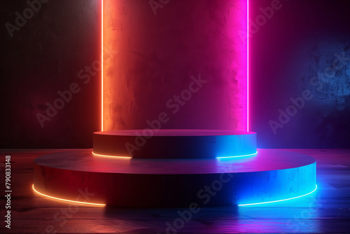 Futuristic Podium in 3d style mock up for product display in dark background with neon light