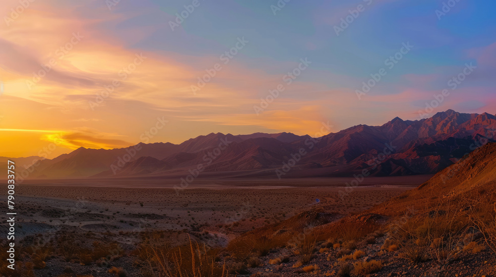 Expansive desert panorama at dusk with vibrant Sky and striated mountain contours