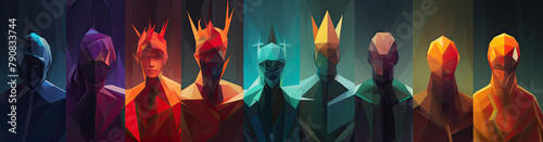 An abstract illustration portrays a regal ensemble of kings, exuding power, majesty, and timeless authority. photo