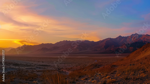 Expansive desert panorama at dusk with vibrant Sky and striated mountain contours