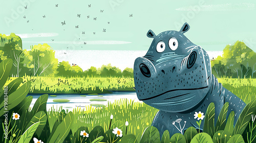 Curious Hippo in a Lush Green Meadow