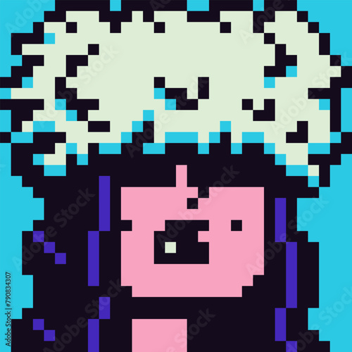 Avatar pixel art female fashion character in winter hat, woman face, cartoon vector icon, game user or web profile persons and people, 8-bit girl, social net portrait, minimalistic vector background.