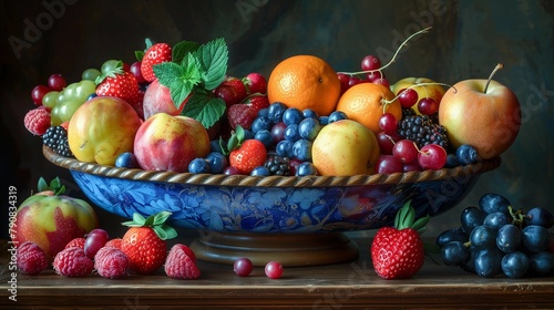 Richly Hued Fruit Bowl Against Dark Backdrop, generative ai