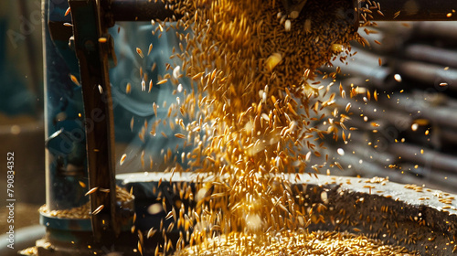 A hand-operated winnower separating wheat from chaff, the golden grains cascading down like a river of gold. photo