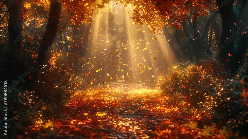 Fototapeta premium Golden Leaves on a Magical Forest Path, generative ai