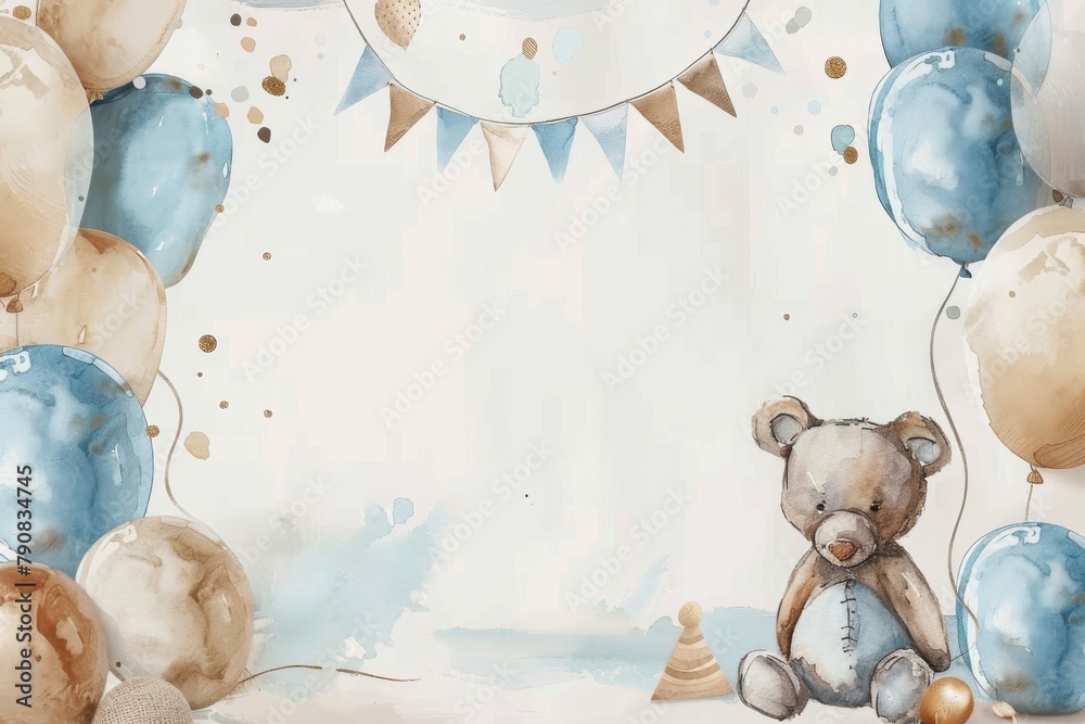 A watercolor painting of a teddy bear sitting in front of a stack of ...