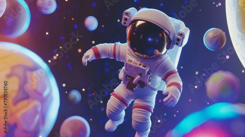 3D image of a robot astronaut floating in space Planets and stars visible.