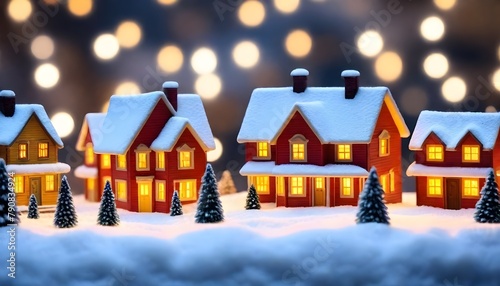 Miniature houses covered in snow with Christmas lights in the background, creating a cozy and festive winter scene