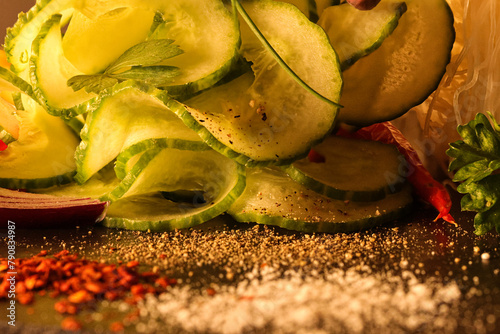 Salat, Gurke, Gewürze, Chili, Pfeffer, Salz, Macro, Food, Makro, frisch, lecker, abstrakt, diffuse, licht, Beleuchtung, Blume, Gänseblümchen,  