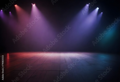 A dark stage with a wooden floor, illuminated by (colorful spotlights creating a dramatic and moody atmosphere)