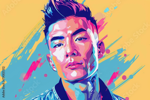 Chinese male model fashion beauty illustration with fade hairstyle on colorful background. 