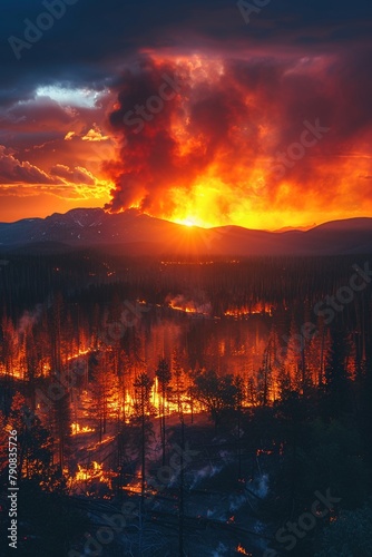 Burning Horizon Depict a forest landscape with a distant wildfire on the horizon  showing the scale of the destruction and the vastness of the affected area 8K   high-resolution  ultra HD up32K HD