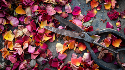 A pair of weathered secateurs delicately pruning a rose bush, the discarded petals forming a colorful carpet at their feet. photo