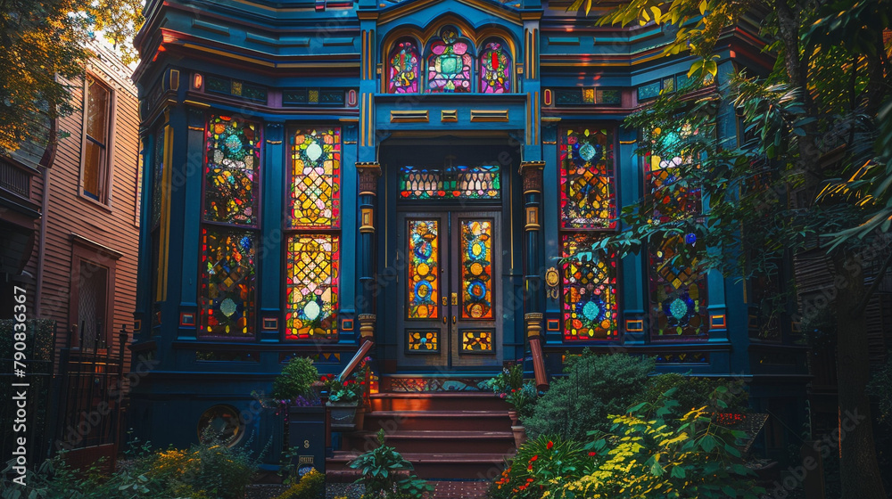 Stained glass windows casting colorful patterns across the facade of a well-preserved Victorian house.