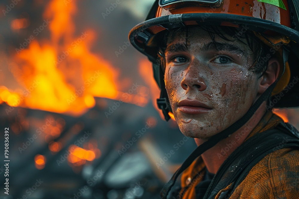 Firefighter in Training Illustrate the young male wearing a firefighter helmet, bravely surveying the burning residence, ready to spring into action 8K , high-resolution, ultra HD,up32K HD Firefighter in Training Illustrate the young male wearing a firefighter helmet, bravely surveying the burning residence, ready to spring into action 8K , high-resolution, ultra HD,up32K HD