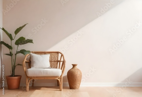 A cozy living room with a rattan armchair, a decorative vase, and a potted plant against a bright, minimalist wall