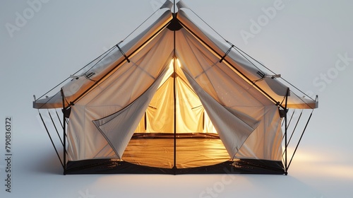 A tent with a light shining through the doorway