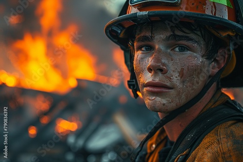 Firefighter in Training Illustrate the young male wearing a firefighter helmet, bravely surveying the burning residence, ready to spring into action 8K , high-resolution, ultra HD,up32K HD