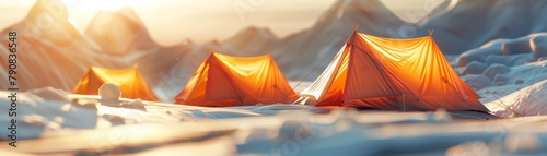 A group of orange tents are set up in a snowy field