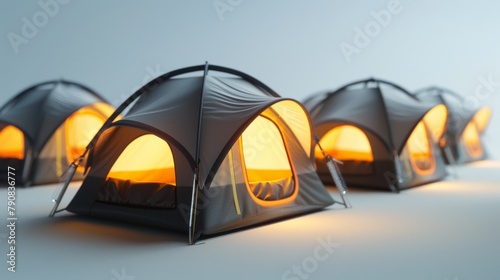 A row of tents are lit up with a warm orange glow