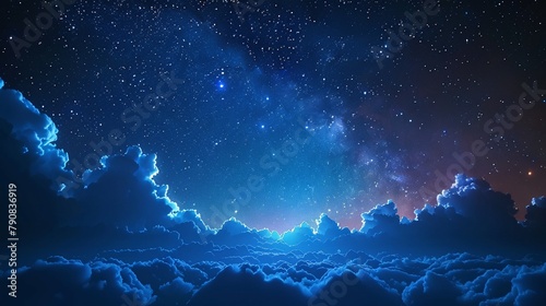 Starry Night Depict the vibrant backdrop as a starry night sky, with clouds and stars arranged in a mesmerizing pattern, capturing the magic of a clear night under the stars 8K , high-resolution, ultr
