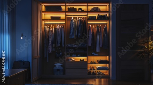A dark room with a closet full of clothes and shoes