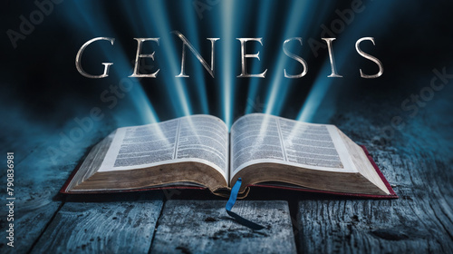 Book of Genesis. Open bible revealing the name of the book of the bible in a epic cinematic presentation. Ideal for slideshows, bible study, banners, landing pages, christian intros and much more