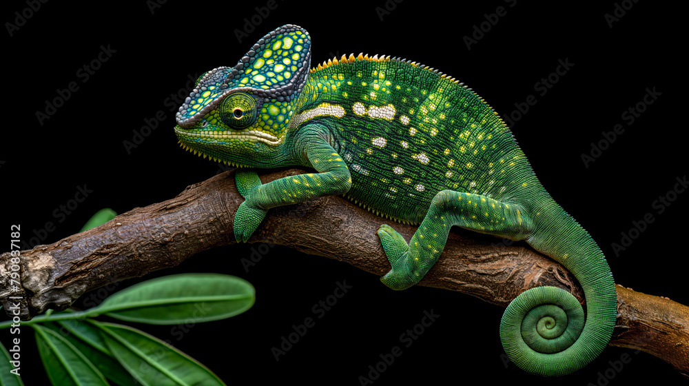 Obraz premium Green Chameleon on branch black background