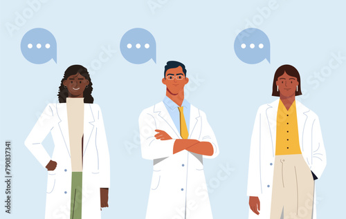 Concept of team communication. Three medical professionals in lab coats with speech bubbles, flat illustration style on a blue background. Flat vector illustration
