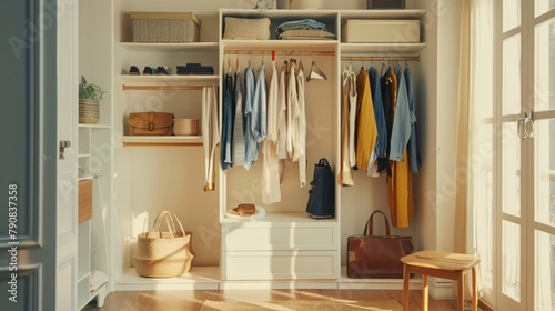 A closet with clothes hanging on the racks and a basket on the floor
