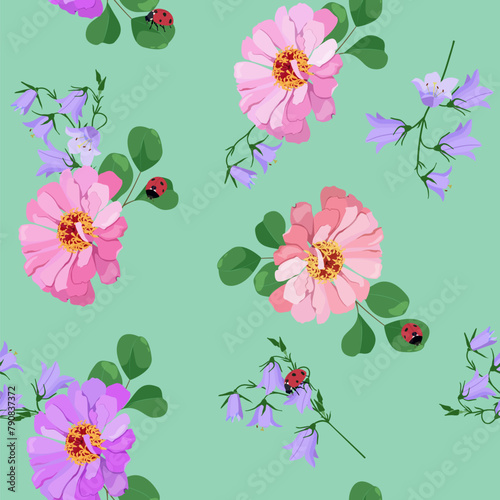 Seamless background with chrysanthemum, campanula and ladybug